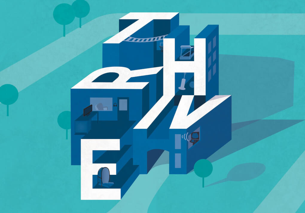 The word 'thrive' illustrated as a 3-D building. The unique labs in Finkelstein hall are represented through small illustrations inside the letters.